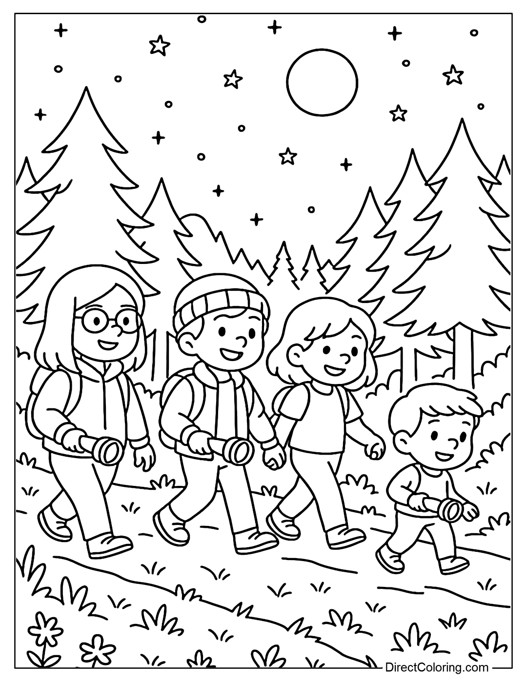 A coloring page of a group of friends walking through the forest at night with flashlights, with a full moon and bright stars.